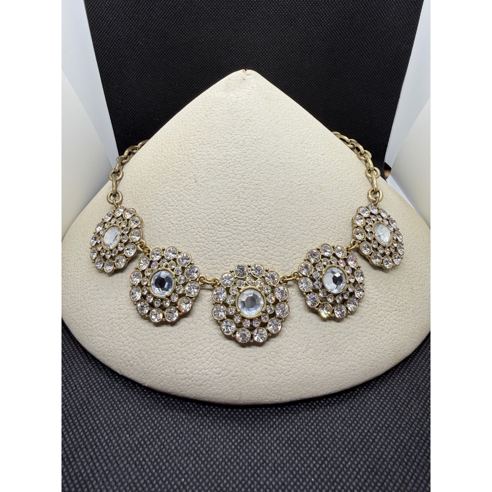 J.Crew Antique Gold Tone Clear Crystal Floral Medallion Statement Necklace